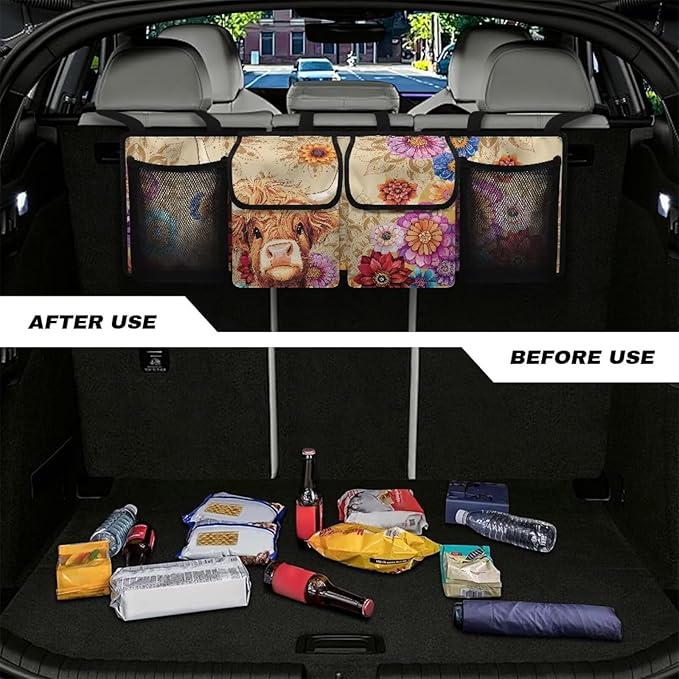 Cute Highland Cow Backseat Trunk Organizer for Car Boho Mandala Flowers Auto Hanging Seat Back Storage Bag Car Back Seat Organizer
