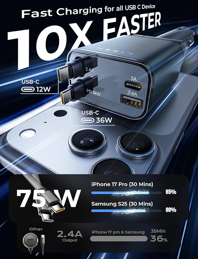 LISEN Retractable Car Charger USB C [Upgraded Dual Type C] 75W Fast 4 in 1 Car Charger for iPhone 17, RV Power Adapters for Men Women Mother, Car Accessories for Galaxy S26 Phone 17 Pro Max 16 15