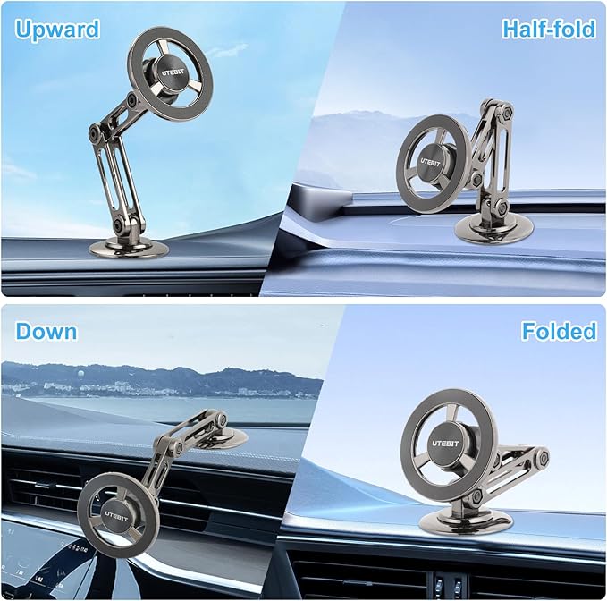 UTEBIT Universal 360° Pro Magnetic Car Phone Holder, Alloy Folding Magnetic Cell Phone Holder for Car, Strong Suction & Adjustable Phone Mount, Support for iPhone and Android All Mobile Phones, Black