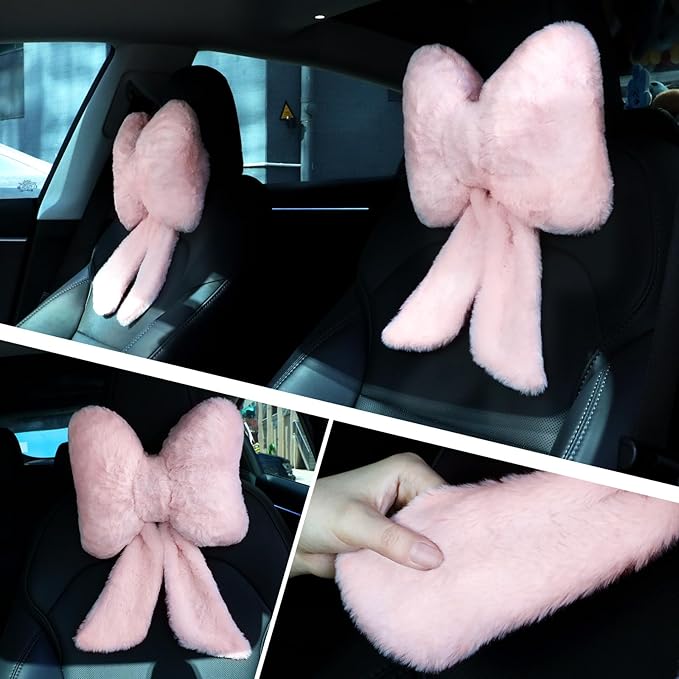 Macarrie 2 Pcs Car Neck Pillow Plush Butterfly Bow Car Headrest Pillow Comfortable Seat Neck Support Cute Head Rest Accessories for Driving Travel Driver Chair Girl Style Interior Decor(Pink)