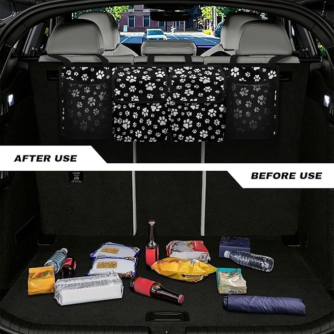 Black White Dog Paw Hanging Trunk Organizer, Foldable Car Trunk Organizer Back Seat with 4 Large Pockets, Hanging Trunk Organizer Universal for Vehicles