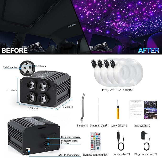 4 Colors 32W Twinkle Starlight Headliner Kit for Car Home with APP&RF Remote,RGBW 1200pcs*0.03in*13.1ft Cables Fiber Optic Star Sky Roof Lights,4 Port Engine Sound Activated Car Ceiling Star Lights