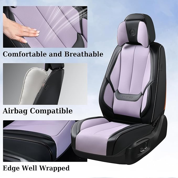 Coverado Universal Seat Covers Front, 2-Pack Universal Seat Covers for Cars, Waterproof Nappa Leather Car Seat Covers with Head Pillow, Auto Protectors Fit for Most Sedans SUV Truck-Black&Purple