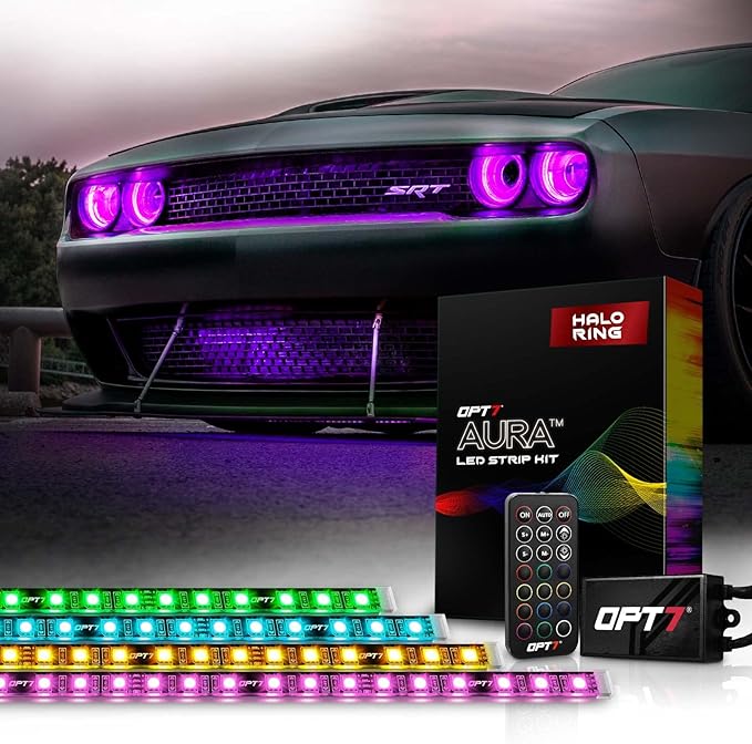 OPT7 Aura Halo Accent Lights for 2008-2023 Dodge Challenger with Remote Control, 12" Multi-Color LED Strip, Car Neon Lighting Kit