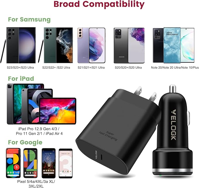 Super Fast Charger Type C Kit, VELOGK 25W PD PPS USB C Wall/Car Charger for Samsung Galaxy S24/S23 Ultra/S23+/S23/S22/S21/S20/Plus/Ultra/FE/Note 20/A71, iPad Pro, with 2X Nylon USB C-to-C Cable(6.6ft)