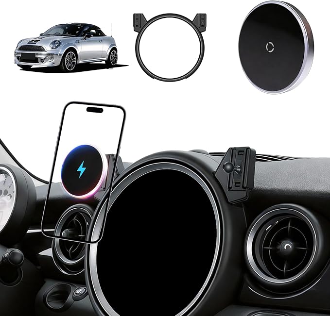 Phone Mount for BMW Mini Cooper (2007-2012 2013), Magnetic iPhone Holder, Magsafe Car Mount Charger, 15W Wireless Car Charger, Hands Free & 360°, 2008 2009 2010 2011 Mini Cooper Car Accessories