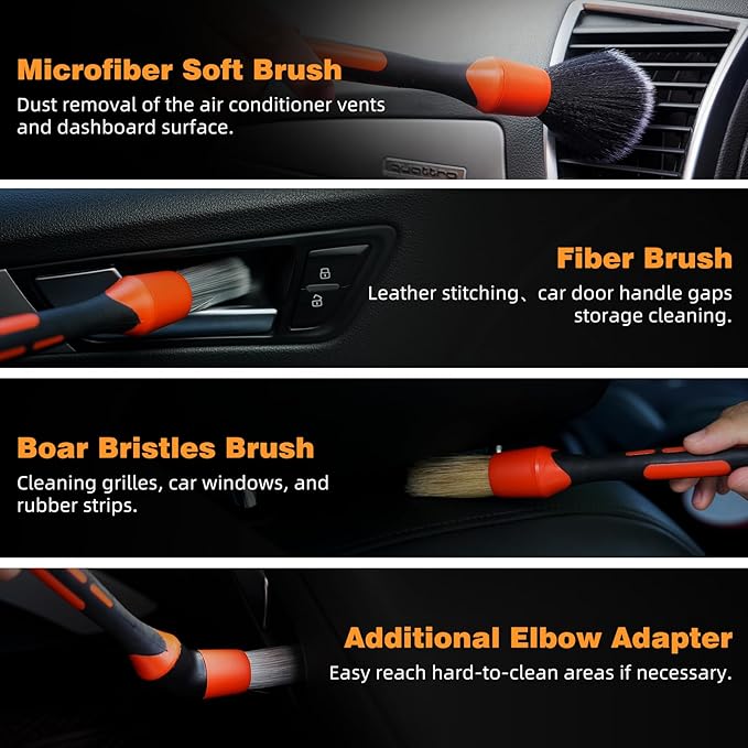 9PCS Car Detailing Brush, Horse Hair and Boar Bristle Brush Set with Elbow Adapter, Microfiber Wax Applicator Pads, Drying Towel and Cleaning Gel,Cleaning Kit for Interior Exterior