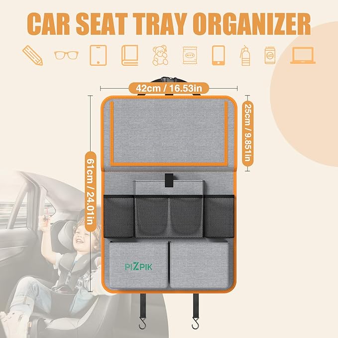Plzpik Car Backseat Organizer with Tablet Holder,11 Storage Pockets with Foldable Food Tray, Protector Kick Mats for Kids, Travel Accessories Organizer (Orange, 1Pack with Food Tray)