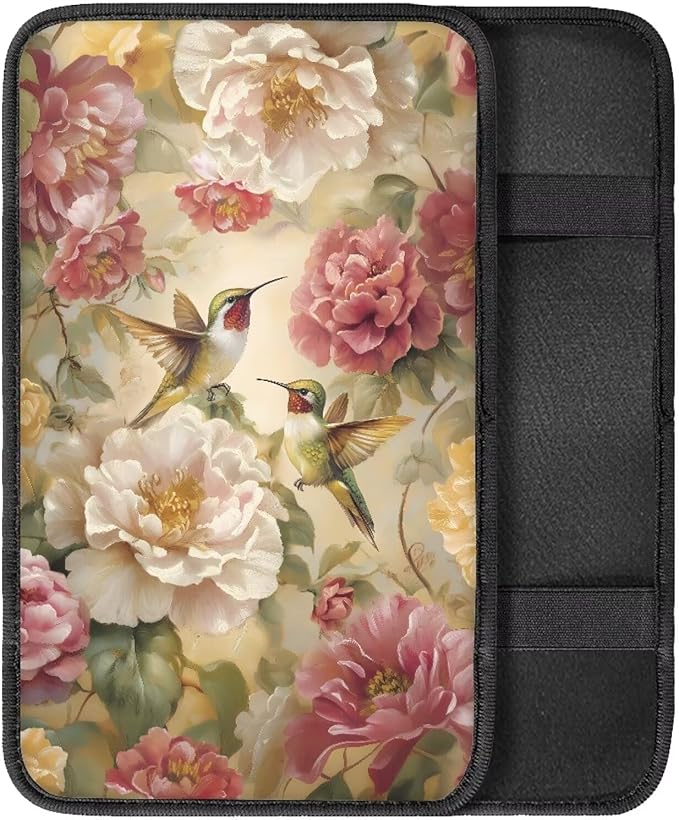 Flower Cute Hummingbirds Auto Armrest Box Cover Car Arm Rest Seat Storage Box Mat Arm Rest Cushion Pads Dog & Cat Paws Protector for SUV/Truck Vehicle