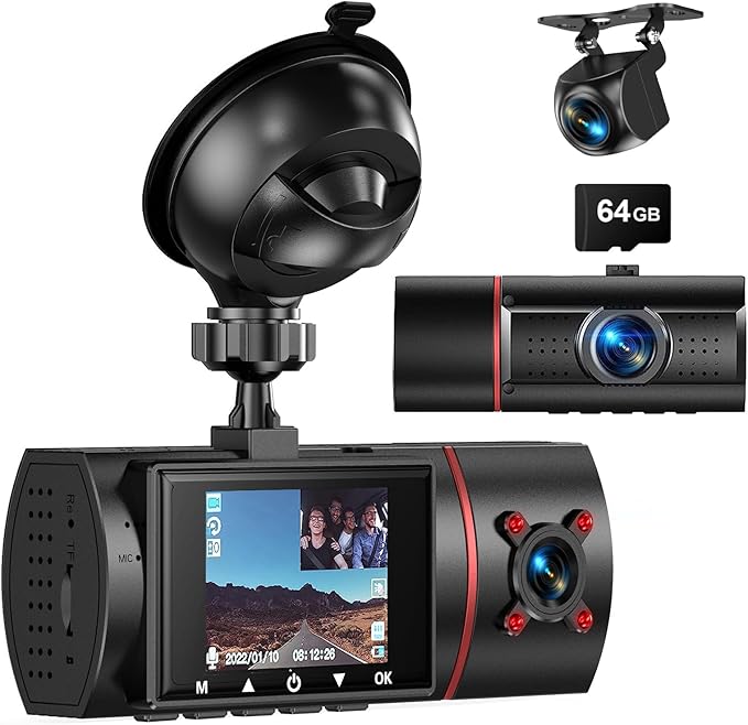 Dash Cam Front Rear and Inside, 3 Channel Dual Dash Camera for Cars W/ 64GB Card,1080P Dashcam Front with Night Vision,Loop Recording,G-Sensor,24H Park Monitor