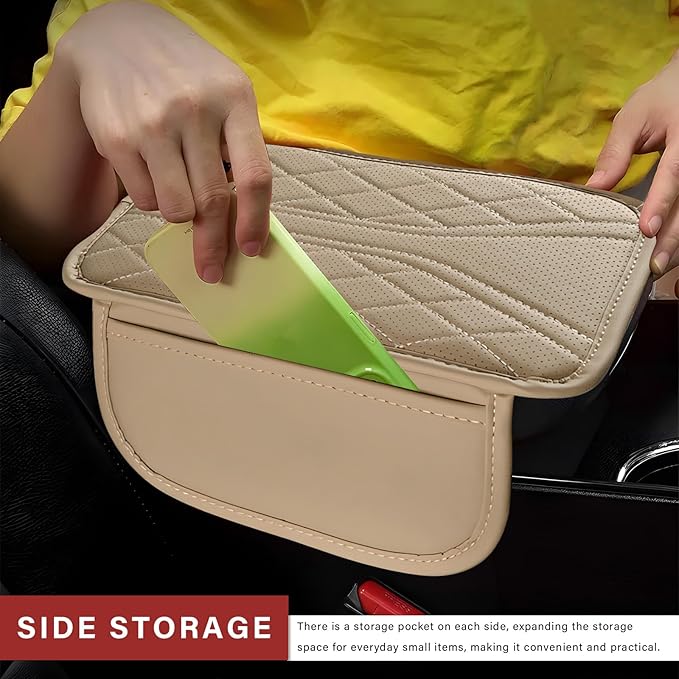 Car Center Console Cover, Leather Auto Armrest Cushion Pad with Two Storage Pockets, Waterproof Arm Rest Box Mat Protective Cover for Sedan SUV Truck, Car Accessories (Beige)