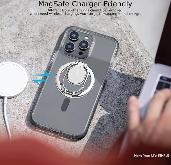 Doflyesky Magnetic Phone Grip Holder Kickstand, Gym Double Adjustable Finger Ring Grip and Stand, Compatible with PopSockets MagSafe Ring Removable for iPhone (Silver)