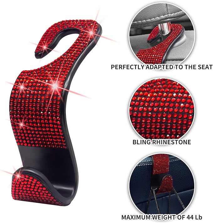 Car Purse Hook Bling Car Headrest Hook for Women Girls, 4 Packs Auto Back Seat Hangers Rear Headrest Hooks for Purse, Bag, Handbag, Grocery (Red)