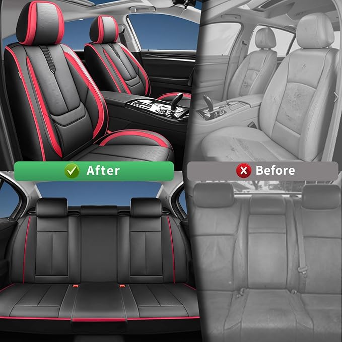 Fit Equus Car Seat Covers for Hyundai Equus 2011-2014 2015 -Upgraded Premium Waterproof & Breathable Leather,Airbag Compatible,All-Weather Seat Cushion Protector,2 Front/Black-Red
