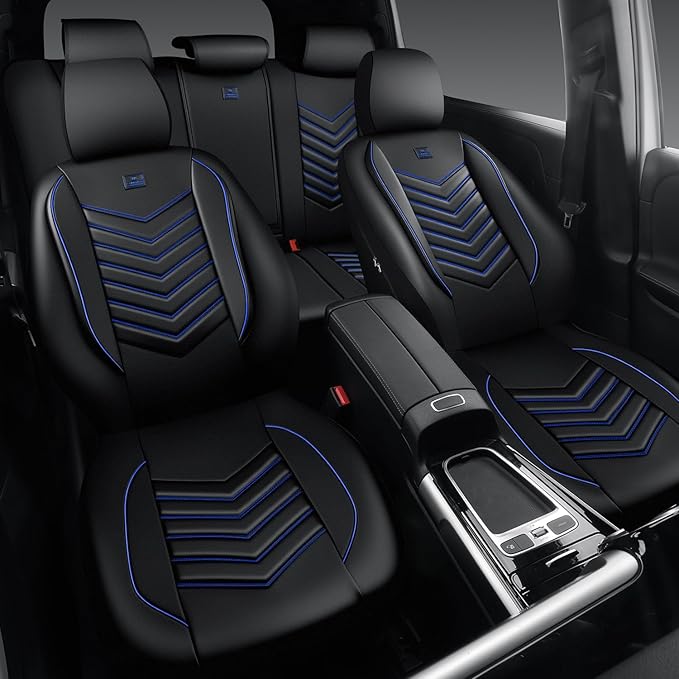 CAR PASS 3D Foam Faux Leather Car Seat Covers Full Set, Waterproof Leather Seat Cover for Cars, Luxury Universal Fit for SUV Truck Sedan Automotive, Armrest Airbag Compatible Anti-Slip, Black and Blue