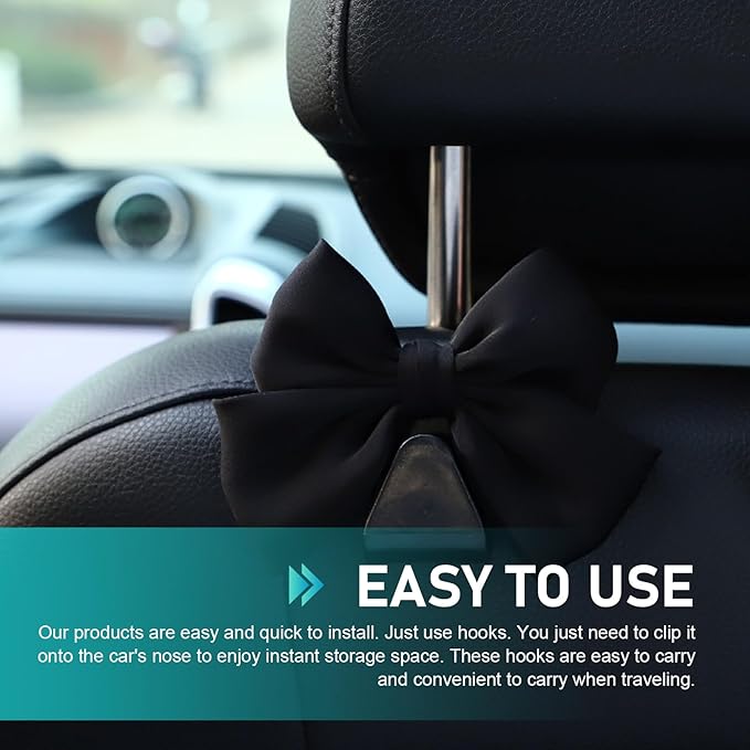 2 PCS Car Seat Headrest Hooks, Cute Bow Back Seat Storage Hangers for Handbag Purse Coat, Universal Auto Organizer Hooks (Black)