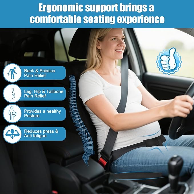 Car Seat Cushion for Pregnant Drivers and Passengers, NHTSA Recommended Prevent The Abdomen from Stress with Strap Adjuster, Memory Foam Seat Cushion for Tailbone Pain Relief, Sciatica & Back Support