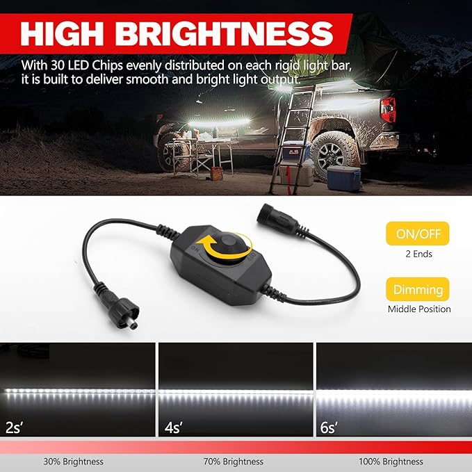 FIERYRED 2PCS 12V Dimmable LED Camping Light Bars IP67 Waterproof & Dustproof, Built-in Magnets & Velcro Mount, Aluminum Lighting Kit for Tent, RV, Awning, Roof Rack, Vehicle, White