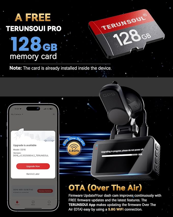 4K+4K Dash Cam Front and Rear, Free 128GB Card Included, 5.8GHz WiFi Dash Camera for Cars, Built-in GPS, G-Sensor, 170°Wide Angle, 3" IPS Screen, 24H Parking Mode, Support 512GB Max