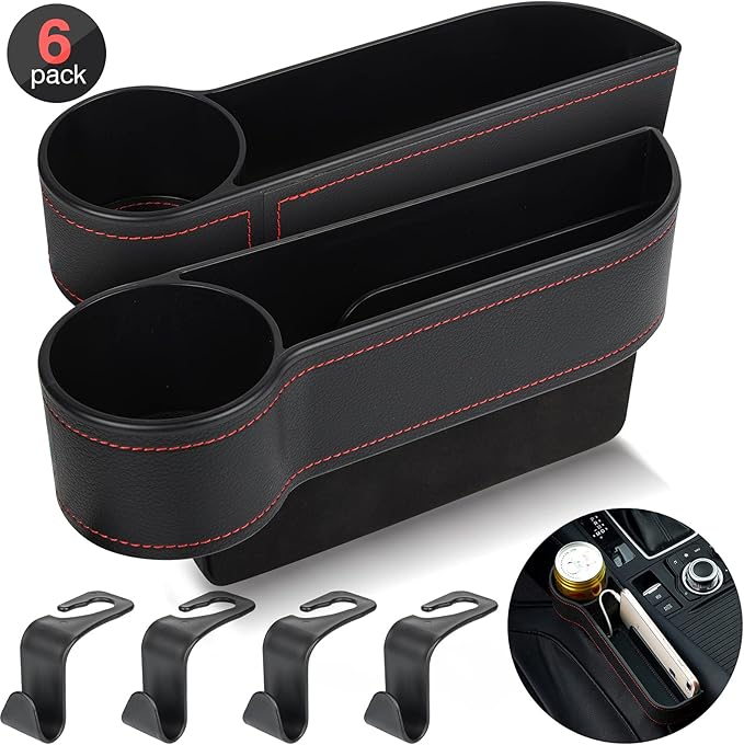 2 Set Car Seat Gap Organizer, Car Gap Filler Storage Boxes, PU Leather Front Seat Console Side Pocket Bags with Cup Holder 4 Hooks, Automotive Storage Box for Phone, Drinks, Cards, Sunglasses, Black