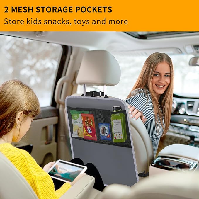 2 Pack Kick Mat Backseat Protector,Back Seat Cover for Kids,Car Seat Back Protectors with 2 Pocket Storage Organizer for Car, SUV, Minivan or Truck Seats (Grey)