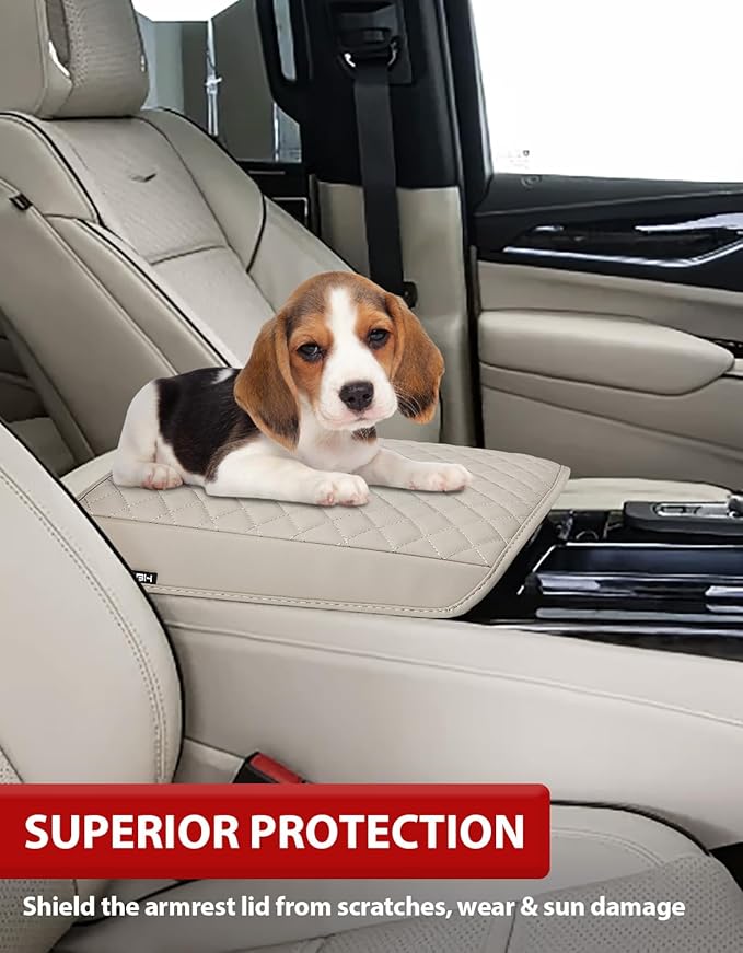 KBH Center Console Armrest Cushion Cover for Cadillac Escalade 2021 2022 2023 2024 2025 2026, Arm Rest Lid Protector, Vinyl Leather Trim, Anti-Scratch, Whisper Light Beige