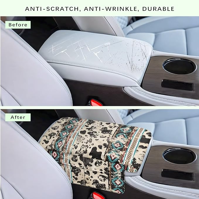 Wanyint Aztec Cow Print Retro Car Center Console Armrest Cover Comfortable Armrest Seat Box Pad with Organizer Pockets Console Lid Protector Cushion Universal Fit for Most Vehicles SUVs