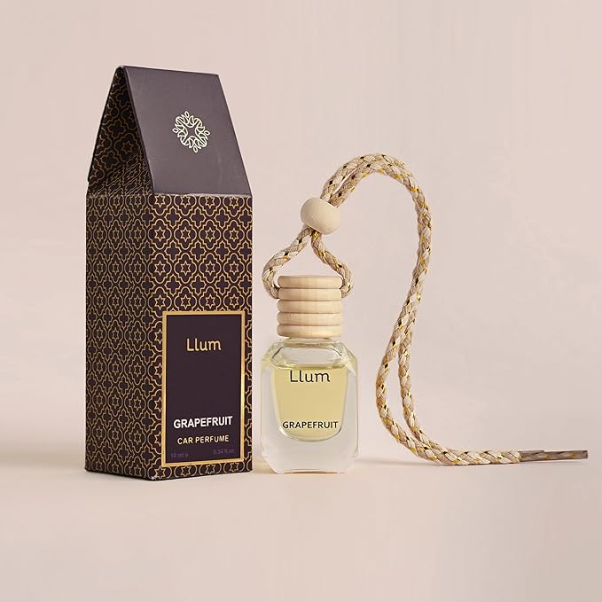 Llum Grapefruit Hanging Car Air Freshener – Luxury Automotive Perfume Diffuser 10ml (0.34 fl oz), Long-Lasting Fragrance, Alcohol-Free Non-Toxic Car Scent, Glass Bottle With Wood Cap & AC Vent Clip