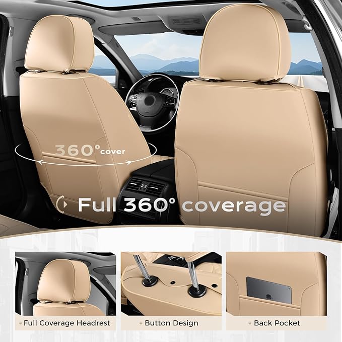 Coverado Front Car Seat Covers, Faux Leather Oil-Resistant Non-Slip Cushions, Universal Fit for Sedans, Pickups, SUVs, Waterproof Seat Covers, Car Seat Protectors – Beige