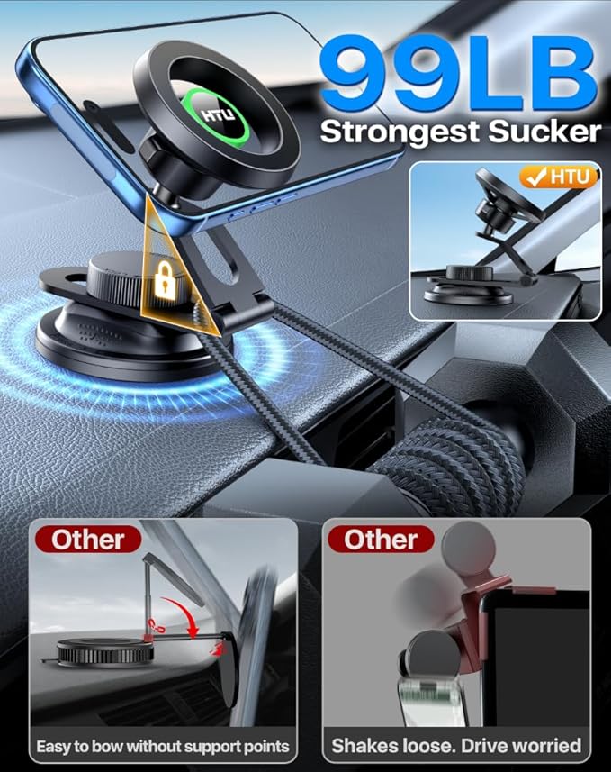 HTU 2026 Upgraded Car Phone Holder for Magsafe Magnetic Car Phone Mount [360° Adjustable 99LBS Ultra Suction] Cell Phone Holders for Tesla Cars/Gym/Mirror Mount for iPhone & Android (Black)