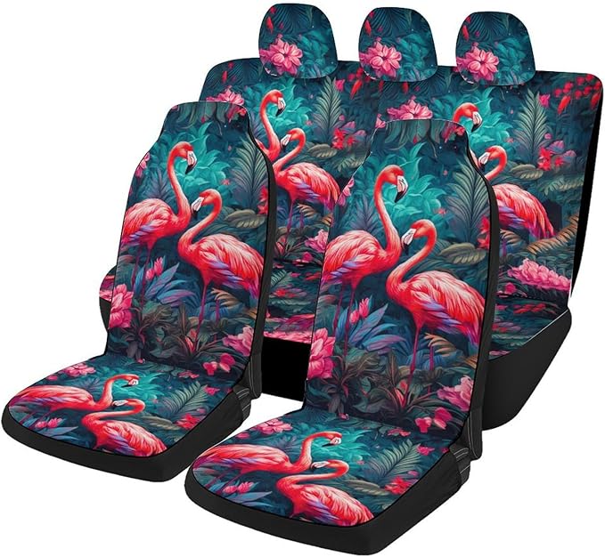 5 Pcs Premium Flamingo Car Seat Cover, Breathable & Washable Car Seat Covers Full Sets, Fashionable Printed Seat Covers for Cars Interior, Universal Fit for Most Cars, Sedan, Truck, SUV