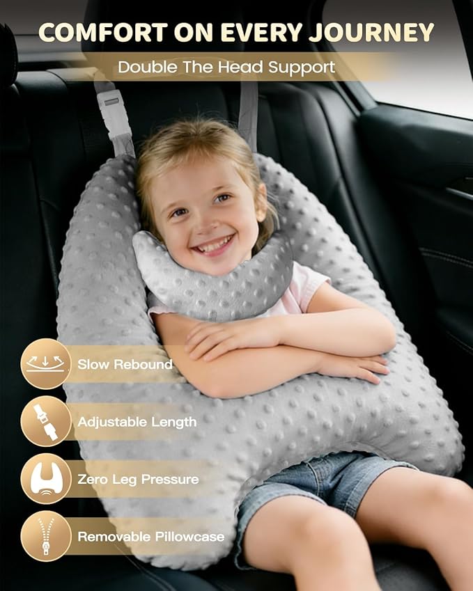 Memory Foam Kids Travel Pillow, Car Pillow for Kids, H-Shape Car Pillows for Sleeping, Removable Pillowcase, Adjustable, Velvet Dots, Grey