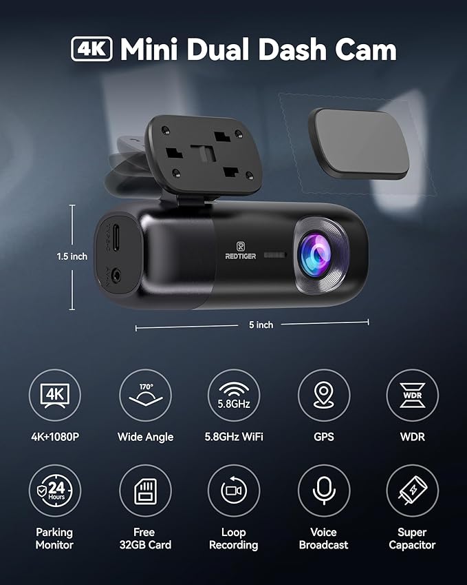 REDTIGER F9 Dash Cam 4K Front and Rear 1080P, WiFi GPS Car Camera with 32GB Card, Dual Dash Camera for Cars, Loop Recording, Night Vision, Parking Mode, Smart App Control, Support 256GB Max