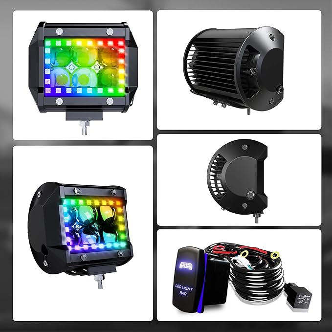 4PCS 4" inch LED Spot Work Light Bar with Multi-Color Chasing RGB Halo 16 Solid Colors Over 92 Flashing Modes Offroad Pods Lights LED Driving Lamp Fog Lights with Switch and Wiring Harness