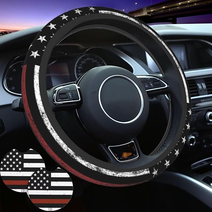 Thin Red Line Steering Wheel Cover Firefighter Steering Wheel Cover Anti-Slip Breathable Universal for 15 Inch Car 2 Pieces Car Coasters Suitable for Men Women