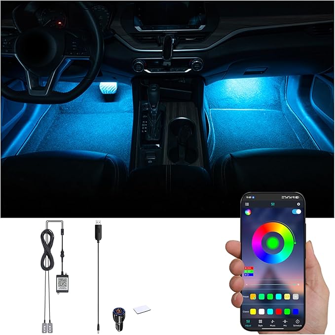 RGB Car Footwell Ambient Lighting Kit Car Charger + USB 16.7 Millions Colors Sound Active Music Sync APP Control Car Interior Multicolored Footwell Atmosphere Light 12V
