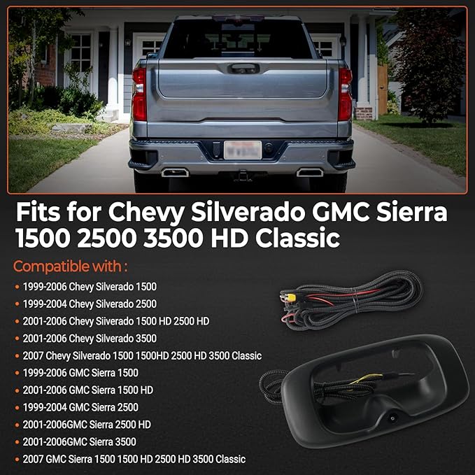 Tailgate Handle Backup Camera Compatible with 1999-2006 Chevy Silverado GMC Sierra 1500 2500 3500 HD Waterproof Reversing Rear View Back Up Camera, Tailgate Handle Backup Kit Replaces# 15228541