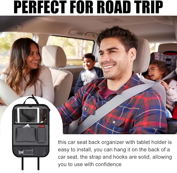 2 Pcs Backseat Car Organizers with Table Tray, 6 Storage Pockets Car Organizer with Tablet Holder, Kick Mats Protectors for Kids Travel Accessories Black, Unisex(Classic,Grey)