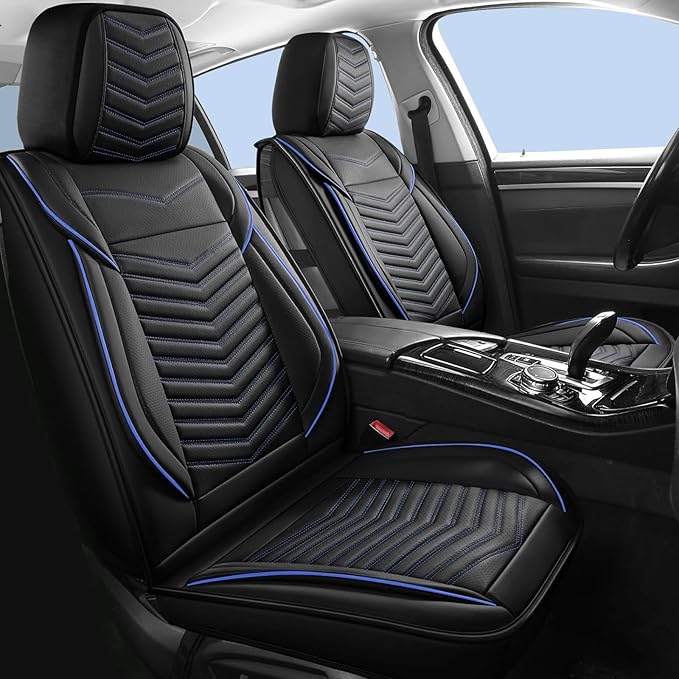 Car Seat Covers, Breathable and Waterproof Faux Leather Automotive Seat Covers, Universal Anti-Slip Driver Seat Cover for Cars SUV Pick-up Truck Sedan(5 PCS Full Set, Black + Blue)