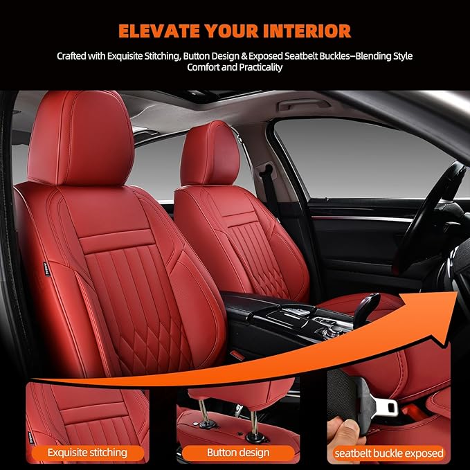 KEYOOG Universal 2-Seater Waterproof Breathable Nappa Leather Car Seat Covers Full Set, Fit for Front Seats, Compatible with Dodge Journey, Toyota Yaris, Honda Pilot HR-V City, Fit Most Sedans SUV Red