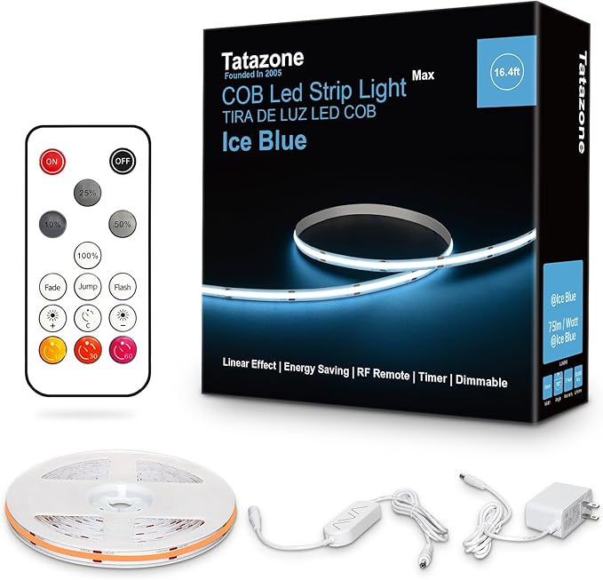 Tatazone 16.4ft Ice Blue COB Led Strip Lights with RF Remote, Dimmable Bright Adhesive Indoor Led COB Light Strip for Cabinet, Painting, Room, Bed