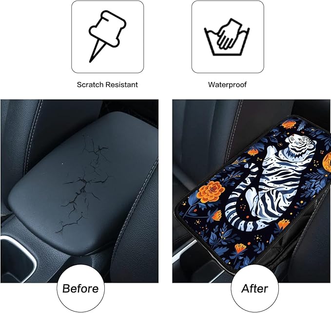 Car Armrest Cover Pads Universal Fashion Cute Auto Center Console Armrest Cover Pad with 2PCS Car Coasters Soft Waterproof Car Armrest Seat Protector for Women, Tiger Moon
