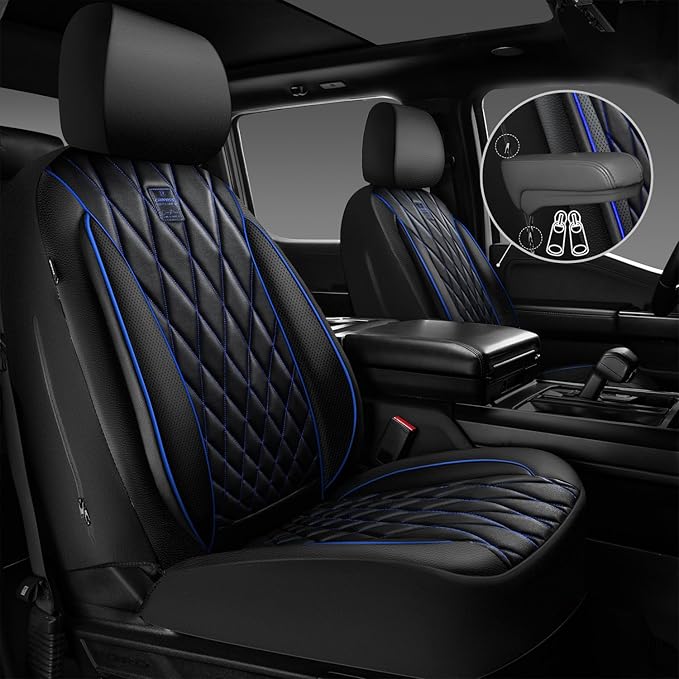 CAR PASS Piping Luxury Leather Seat Covers Full Set,5 Seats Anti-Slip Waterproof Seat Covers Compatible with Front Armrests,Universal Fit for Sendan SUV Van Truck,Airbag Compatible,Black and Blue