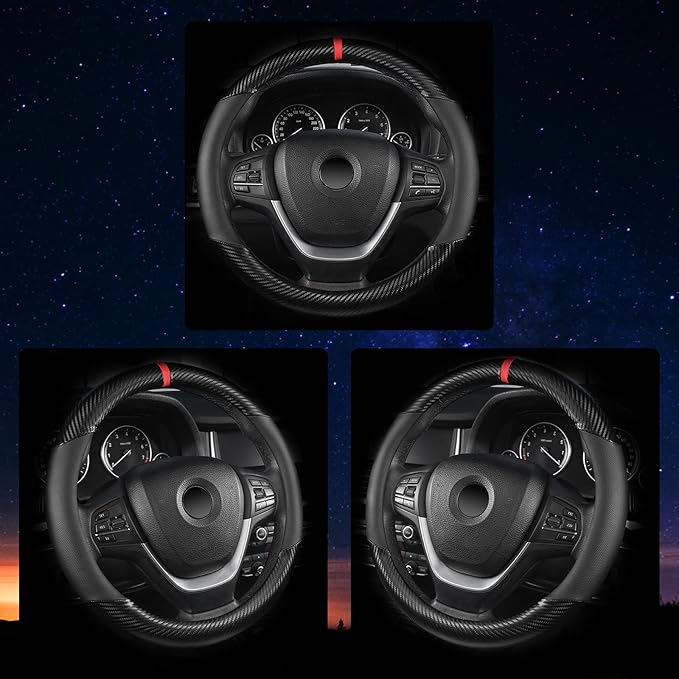 Carbon Fiber Steering Wheel Cover, Universal 15 inch Breathable Microfiber Leather Steering Wheel Covers for Men and Women, Anti Slip Car Interior Accessories, Black