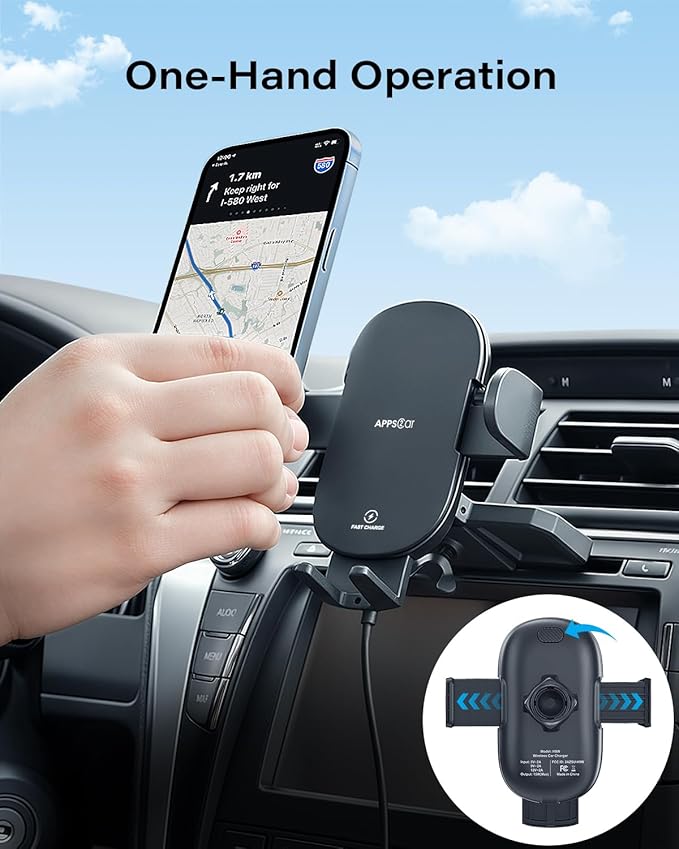 APPS2Car Sturdy CD Slot Phone Mount Upgraded Wireless Charger with One Hand Operation Design, Hands-Free Car Phone Holder Compatible with iPhone 17 Pro Max Plus 16 15 14 13 12 11, Samsung S25 S24
