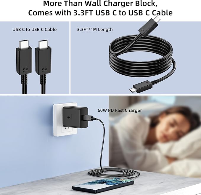 60W USB C Charger with 5A Cable for Super Fast Charging Adapter for Samsung S26 Ultra S25 S23 A17 A16 Wall Plug Power Adaptor for iPhone 17 Pro Max 16 15 Pixel 10a 9a USB-C to Type C PD Charge Cord 1M