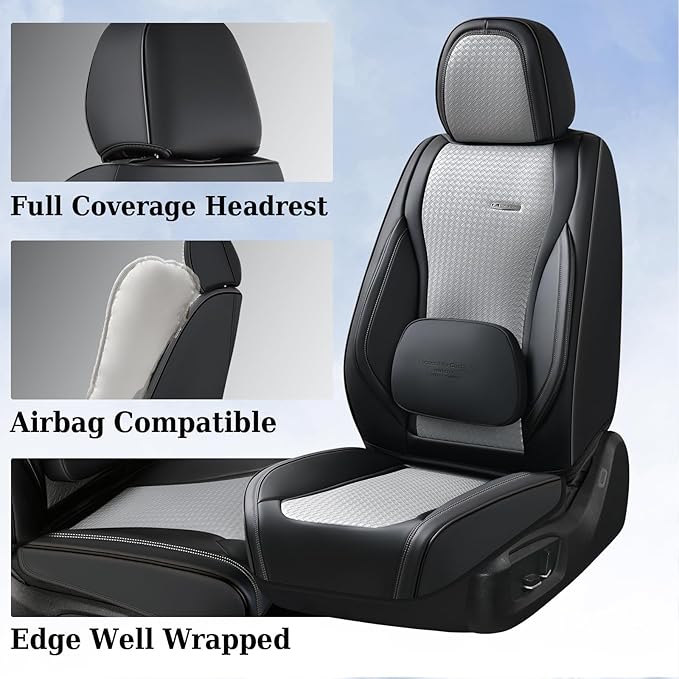Coverado Car Seat Covers Full Set, Black Gray Seat Covers for Cars, Waterproof Nappa Leather Automotive Seat Covers with Lumbar Head Pillow, Car Seat Protectors, Universal Fit for Most Cars SUV