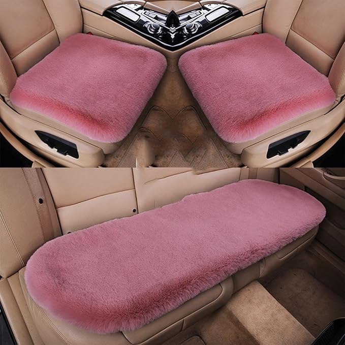 Plush Car Seat Cushion, Soft Warm Fuzzy Faux Rabbit Fur Fluffy Plush Auto Seat Cover Vehicle Car Front and Back Seat Protector Pad with Non-Slip Backing Cushion Interior Universal Fit (Pink2,3PCS)