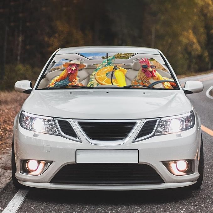 Socira Funny Rooster Chicken Car Windshield Sunshade Umbrella Foldable Umbrella Sun Shade Windshield Cover Sunshade Car Accessories Blocks Uv Rays Keeps Cool (57" X 30")