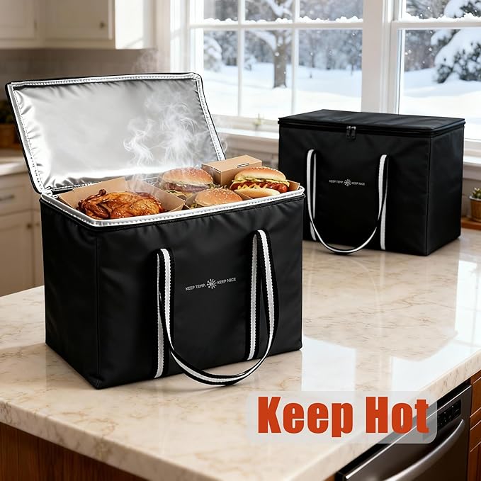 Insulated Food Delivery Bag, Large Durable Reusable Shopping Grocery Bag with Zipper – Foldable Thermal Cooler Bag for Hot & Cold Food, Pizza Delivery & Catering
